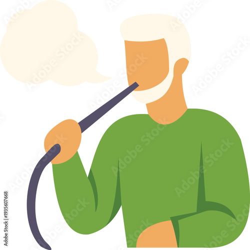 Man with beard smoking shisha hookah, exhaling vapor