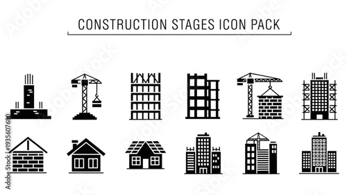 Construction Site Icons Showing Various Stages of Building Development