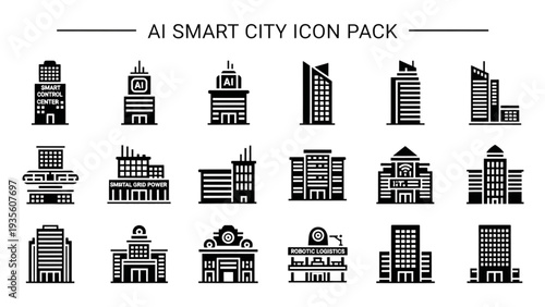 Collection of city icons representing urban landscape and architecture