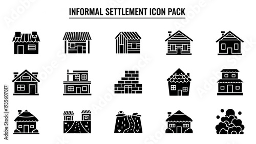 Informal settlement icons depicting various housing structures and community scenes