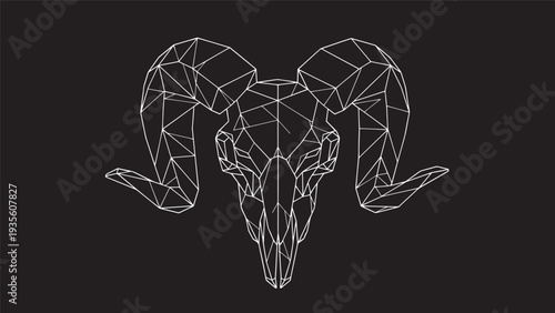 Geometric Ram Skull Illustration with Polygonal Line Art on Dark Background.