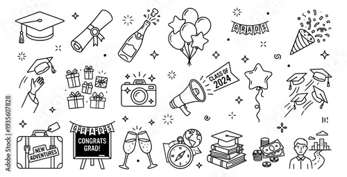 Graduation Celebration Line Art Vector Icons Set. Doodle collection depicting academic achievement, diploma, cap throw, champagne, gifts, future career, travel, and financial success.