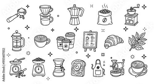 Coffee Cafe Barista Line Art Doodle Icon Set. Hand-drawn outline collection of coffee making elements, hot drinks, beans, and breakfast items for menu design, web graphics, marketing, and branding.