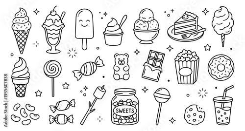 Sweet Treats Doodle Line Art Icons Set. Hand-Drawn Collection of Various Desserts, Candy, Ice Cream, and Snacks. Perfect for Kids' Party Menus, Branding, and Web Design.