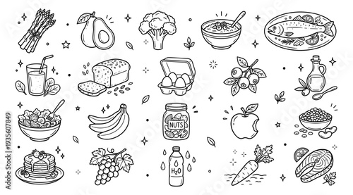 Healthy Food Doodle Icons Set, Hand Drawn Outline Collection of Fresh Nutritious Ingredients in Line Art Illustration for Balanced Diet and Wellness. Ideal for Nutrition, Recipes, or Lifestyle Designs