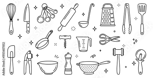 Kitchen Utensils and Cooking Tools Hand-drawn Line Art Icons Set. Essential culinary equipment for food preparation, baking, and home kitchen activities. Perfect for recipe blogs, menus, branding