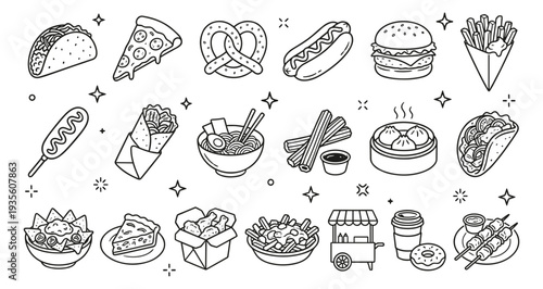 Fast Food and Street Food Icons Set in Outline Doodle Style. Collection of Popular Takeaway Snacks like Tacos, Pizza, Burgers, Fries, Ramen, Hot Dogs, and More. Perfect for Menus, Apps, Delivery