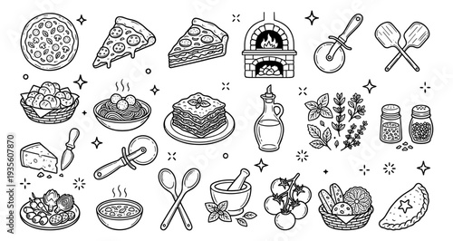 Italian Food and Cooking Hand-Drawn Line Art Icons Set. Delicious Traditional Cuisine Elements for Restaurant Menus, Branding, and Recipe Blogs.