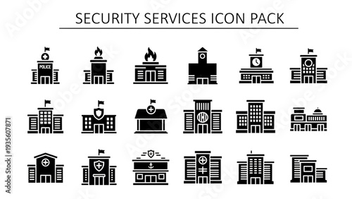 Security Services Buildings Icons Collection Illustration