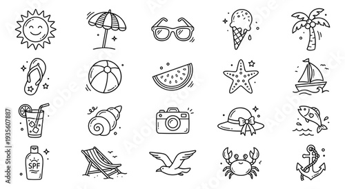 Summer Beach Doodle Icons Set. Hand-drawn Outline Collection of Vacation Elements like Sun, Umbrella, Ice Cream, Palm Tree, and more. Perfect for Web, App, Print, and Marketing Projects.