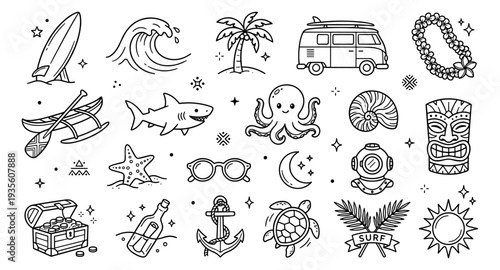 Summer Beach Surfing Icons Set - Hand Drawn Black Line Art Doodle Collection for Tropical Vacation Travel and Ocean Adventure Concepts, perfect for Web, Branding, and Social Media Marketing.