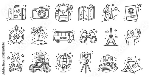 Travel and Tourism Hand-Drawn Outline Icons Set. Global adventure, outdoor exploration, and vacation planning doodle collection for marketing, website UI, and social media. Featuring luggage, camera