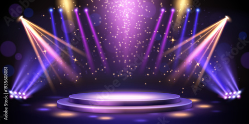 Award ceremony stage realistic vector background with round podium under golden spotlight. Luxury show, design with glitter gold stars and blue and purple lights, winner presentations