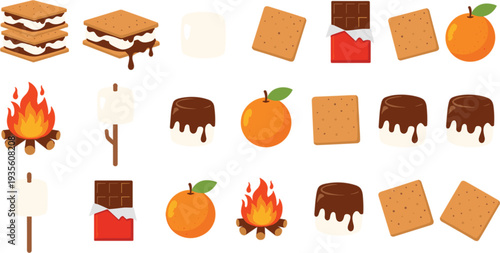 Smore Ingredients and Camping Food Icon Set with Marshmallow, Chocolate, Crackers, Orange and Campfire Elements Sweet Dessert Vector Collection
