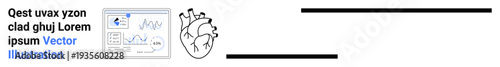 Healthcare, cardiology, medical data, informative tools, science education, biology study. A monitor displaying stats and a heart diagram. Healthcare and cardiology concept