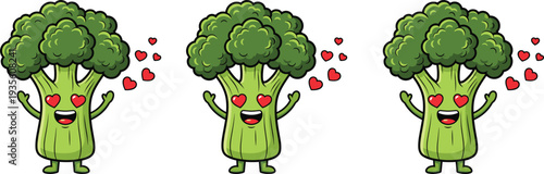 Cute cartoon broccoli mascot character with heart eyes and happy face, healthy green vegetable with red hearts, organic food vector,