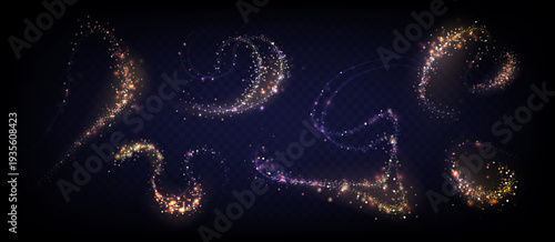 Εκτύπωση καμβά Gold glitter trails with sparkling dust particles, realistic vector isolated on dark transparent background