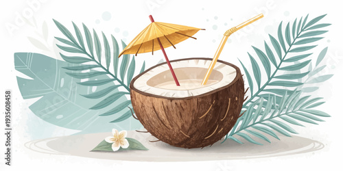 Refreshing tropical coconut drink with umbrella and straw