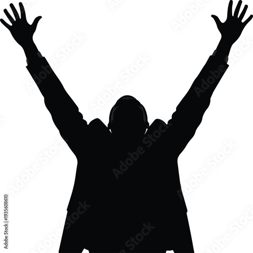 Silhouette of Triumph: A shadowy figure raises arms in a powerful gesture of triumph and elation. the emotion of a solitary human.