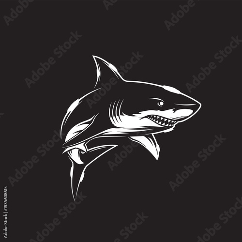 Stylized white shark head illustration on dark background.
