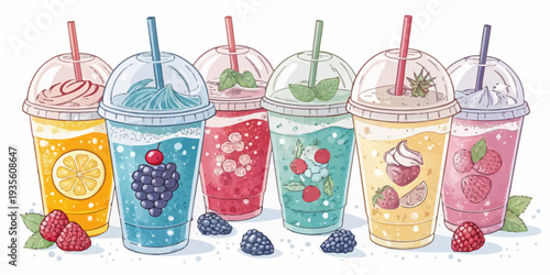 Colorful smoothies with fresh fruits and straws for a refreshing drink