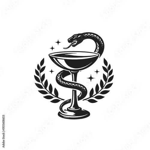 Snake with cup pharmaceutical vector sign vector icon illustration.