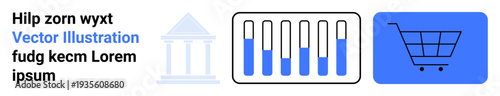 Test tubes filled at varying levels, a classical column-style building, and a shopping cart icon. Ideal for science, commerce, government, technology, education, economy and simple landing page