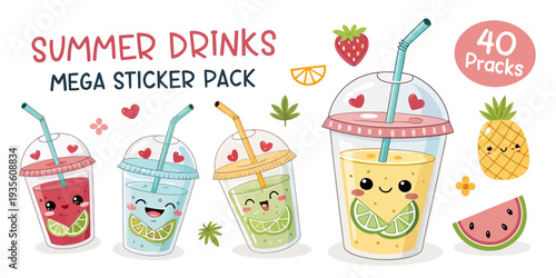 Cute summer drinks with smiling faces and colorful straws