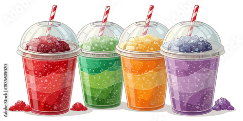 Colorful slushy drinks in clear cups with straws and ice