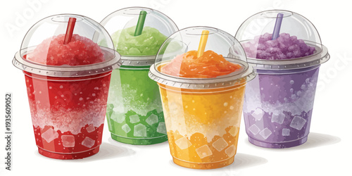 Colorful frozen drinks in plastic cups with straws and ice