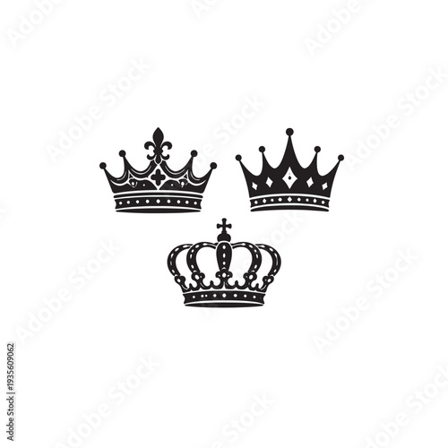 Set of three vector black silhouettes of crowns isolated.
