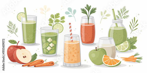 Fresh juices and smoothies with fruits and vegetables