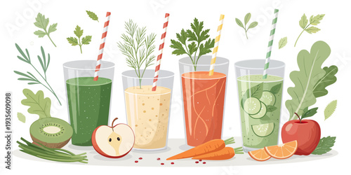Fresh fruit and vegetable smoothies in glasses with straws