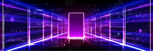 Futuristic digital open door or portal, glowing neon cyberspace. Abstract vector background with dynamic data streams and glich effect, 3d tech gate entrance illuminated by blue purple light