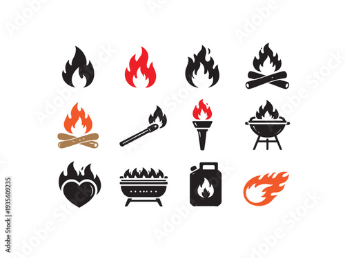 Set of fire flame vector icons. Collection of fire and flame icons. Bonfire icons, flaming elements silhouette illustration.