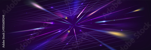 Neon light wireframe tunnel with laser beams flare and perspective, abstract vector background. Digital blue rays with speed effect in cyber space with glowing light trails