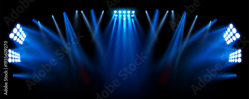 Bright stadium lights on dark night sky background with stars, realistic vector bg. Illumination for sports arena with powerful blue beams, dramatic atmosphere banner for football games