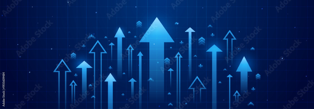 Fototapeta premium Blue neon arrows growing up, financial success abstract vector background. Modern upward graphic, market rise, stock progress metrics, and business success strategy with futuristic design elements.