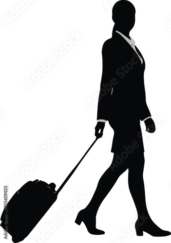 Silhouette Journey: A determined businesswoman strides forward, her silhouette etched against a neutral backdrop, pulling a luggage. A visual narrative of travel, ambition.