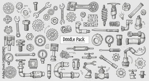 Collection of Hand Drawn Industrial Mechanical Elements and Tools.
