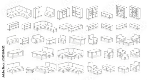 Collection of Hand Drawn Furniture Designs in Isometric View.