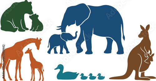 Wildlife family silhouette vector set featuring elephant and calf, giraffe and baby, kangaroo with joey, bear with cubs, and duck with ducklings, designed in clean flat style for educational and natur