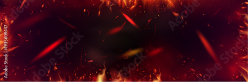 Realistic fire flames with glowing sparks and smoke effect on black background. Vector illustration of fiery orange and red burning embers, dramatic heat overlay