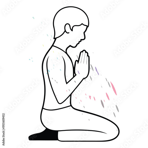 Line art illustration of a kneeling child with hands in prayer, colorful confetti falling