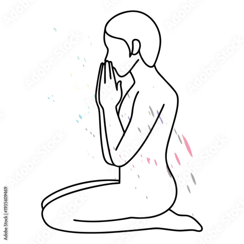 Line art illustration of a kneeling woman with colorful splashes, representing contemplation and inner peace.