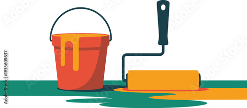 House painting scene with orange bucket and roller on green floor vector illustration