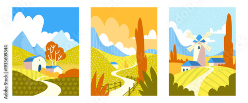 Autumn mountain countryside landscapes, abstract vector posters. Rolling yellow hills or fields, windmill, barn under blue sky with clouds. Season cards design with orange trees and geometric pattern
