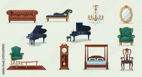 Collection of antique furniture and musical instruments.