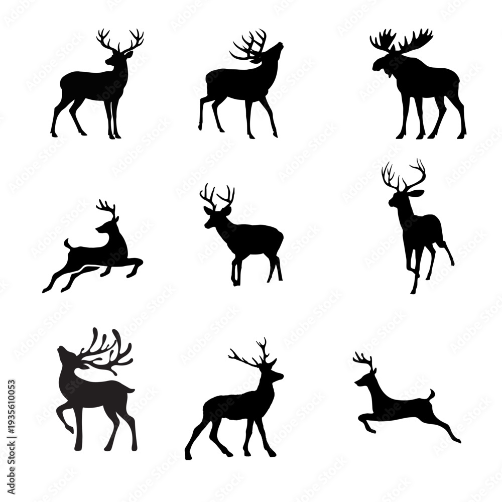 Fototapeta premium Deer Silhouette Set Showing Jumping Running and Standing Poses