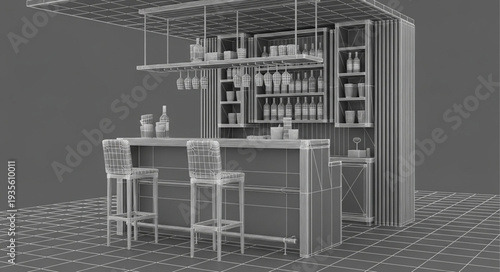 Modern bar interior design wireframe rendering with stools and bottles.